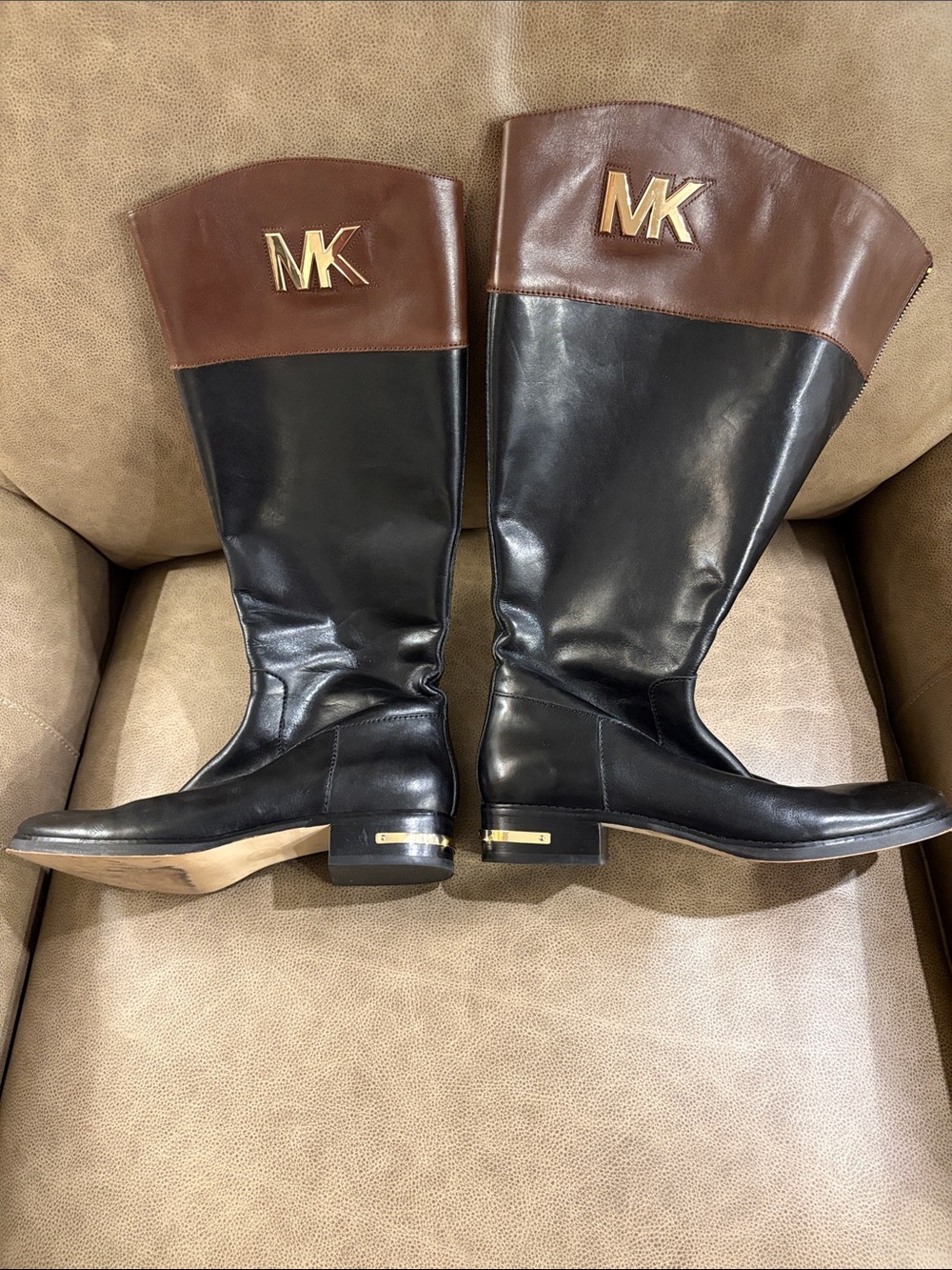 Michael Kors Black and Brown Leather MK Tall Riding Boots